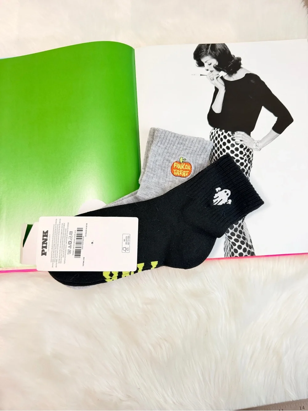 PINK Victoria's Secret Gray Ankle Socks with Orange Pineapple Accent